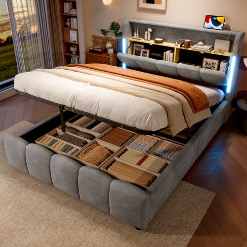 Lit 140x200cm, Lit 2 Places, Sommier, Lit Coffre, LED, USB, Tête De Lit, Velours, Mdf, Gris