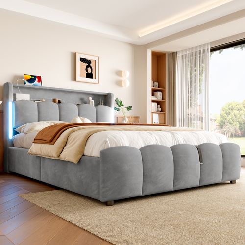 Lit 140x200cm, Lit 2 Places, Sommier, Lit Coffre, LED, USB, Tête De Lit, Velours, Mdf, Gris