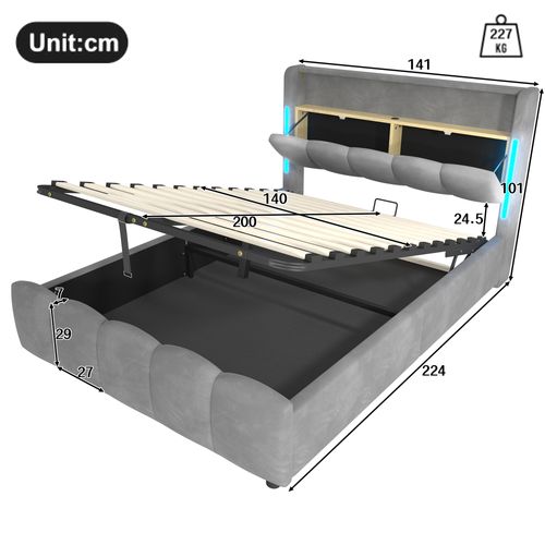 Lit 140x200cm, Lit 2 Places, Sommier, Lit Coffre, LED, USB, Tête De Lit, Velours, Mdf, Gris