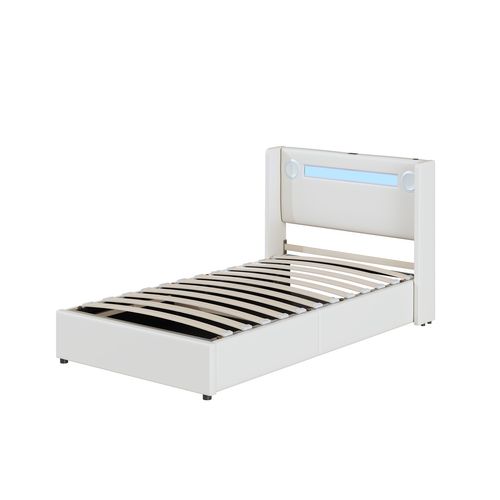Lit 90x200cm, Lit Enfant, Lit Simple, Lit Coffre, LED, USB, Sommier, Pu, Métal+bois, Blanc
