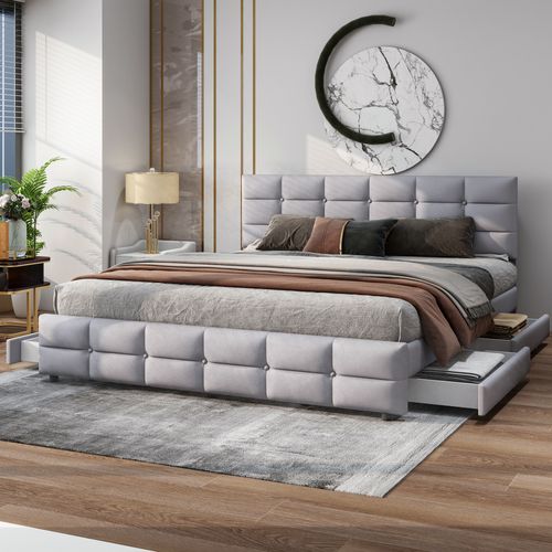 Lit Double 180x200 Cm Avec Tête De Lit, 4 Tiroirs De Rangement Et Sommier, Velours Gris