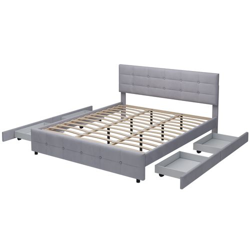 Lit Double 180x200 Cm Avec Tête De Lit, 4 Tiroirs De Rangement Et Sommier, Velours Gris