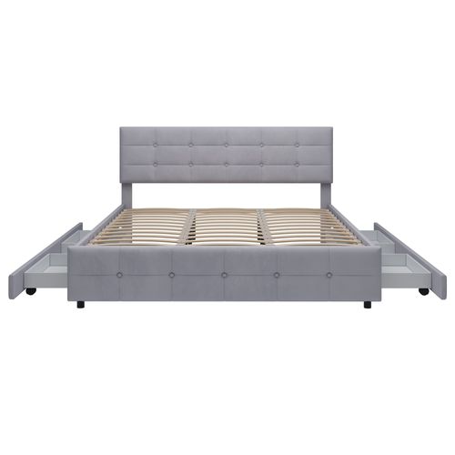 Lit Double 180x200 Cm Avec Tête De Lit, 4 Tiroirs De Rangement Et Sommier, Velours Gris