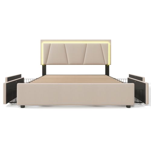 Lit Double 140x200 Cm Avec 4 Tiroirs Et Bande LED, Tête De Lit Réglable,lin Beige