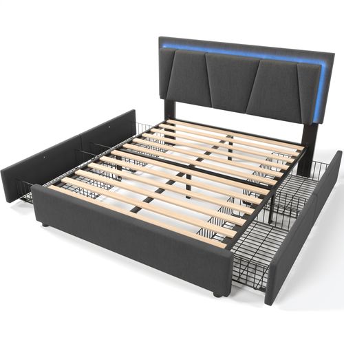 Lit Double 140x200 Cm Avec 4 Tiroirs Et Bande LED, Tête De Lit Réglable, Lin Gris Foncé
