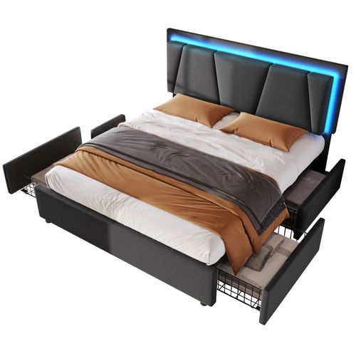 Lit Double 140x200 Cm Avec 4 Tiroirs Et Bande LED, Tête De Lit Réglable, Lin Gris Foncé