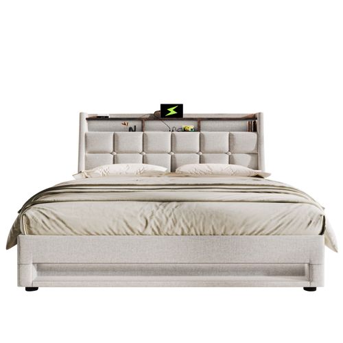 Lit Coffre Double 160x200 Cm Avec LED, Ports USB Et Tête De Lit Rembourrée, Tissu Lin Beige Moderne