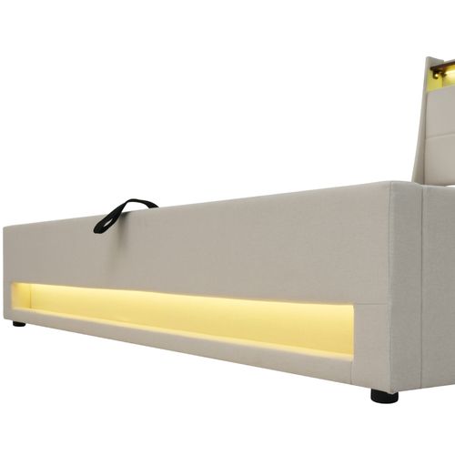 Lit Coffre Double 160x200 Cm Avec LED, Ports USB Et Tête De Lit Rembourrée, Tissu Lin Beige Moderne