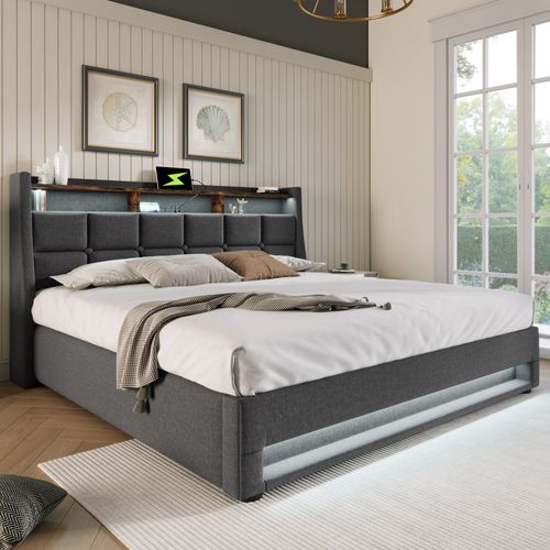 Lit Coffre Double 160x200 Cm Avec LED, USB Et Tête De Lit Design, Structure Robuste En Lin Gris