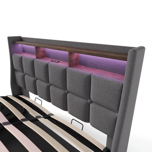 Lit Coffre Double 160x200 Cm Avec LED, USB Et Tête De Lit Design, Structure Robuste En Lin Gris