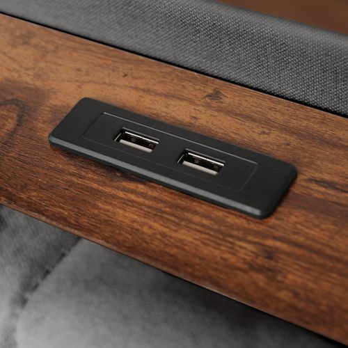 Lit Coffre Double 160x200 Cm Avec LED, USB Et Tête De Lit Design, Structure Robuste En Lin Gris