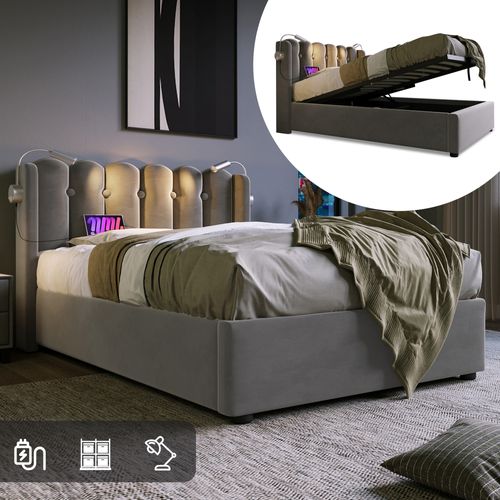 Lit Coffre Simple 90x200 Cm Avec Lampe Directionnelle, Port USB Et Revêtement Velours Gris Élégant
