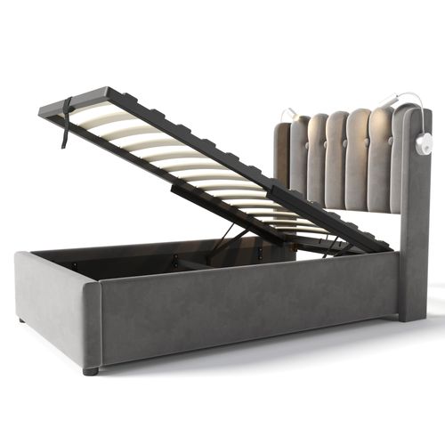Lit Coffre Simple 90x200 Cm Avec Lampe Directionnelle, Port USB Et Revêtement Velours Gris Élégant