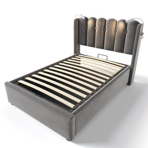 Lit Coffre Simple 90x200 Cm Avec Lampe Directionnelle, Port USB Et Revêtement Velours Gris Élégant