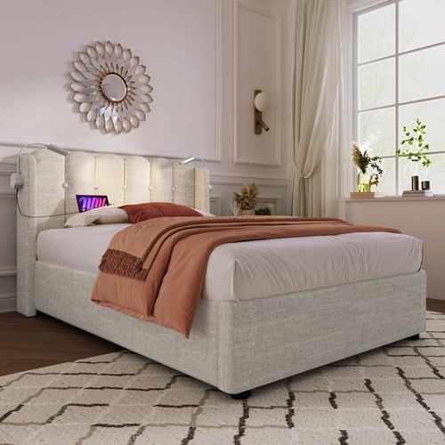 Lit Coffre Simple 90x200 Cm Avec Lampe Intégrée, Port USB Et Tissu Lin Beige Naturel