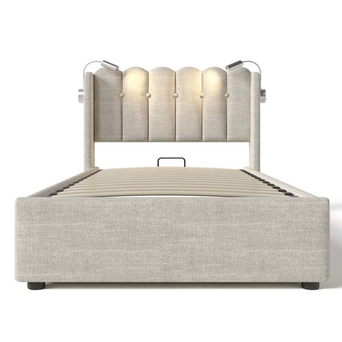 Lit Coffre Simple 90x200 Cm Avec Lampe Intégrée, Port USB Et Tissu Lin Beige Naturel