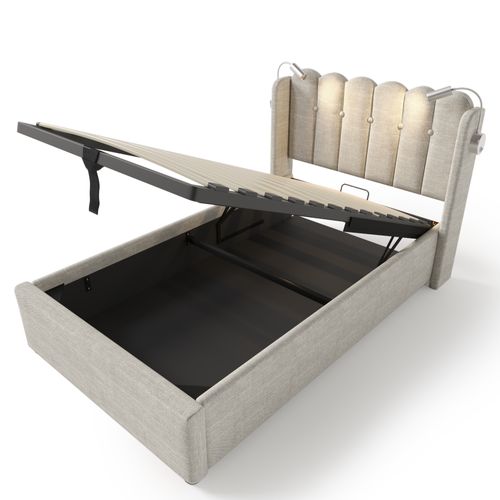 Lit Coffre Simple 90x200 Cm Avec Lampe Intégrée, Port USB Et Tissu Lin Beige Naturel