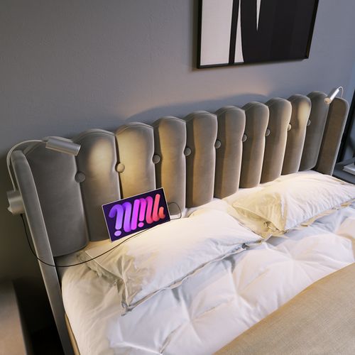 Lit Coffre Double 140x200 Cm Avec Lampe Intégrée, Port USB Et Tête De Lit Rembourrée, Velours Gris