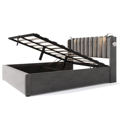 Lit Coffre Double 140x200 Cm Avec Lampe Intégrée, Port USB Et Tête De Lit Rembourrée, Velours Gris