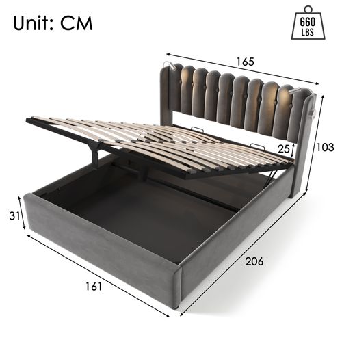 Lit Coffre Lit Double 160x200 Cm Avec Lampe, Port USB Et Revêtement Velours Gris