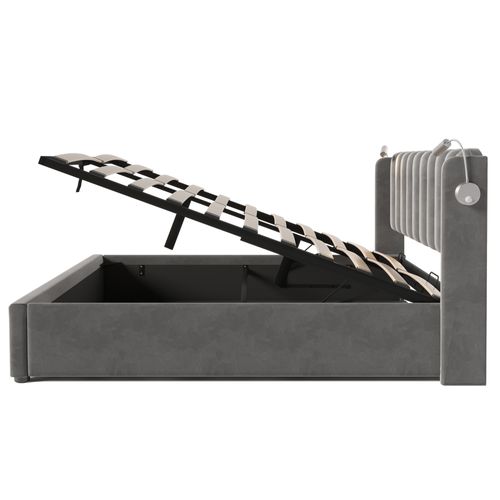 Lit Coffre Lit Double 160x200 Cm Avec Lampe, Port USB Et Revêtement Velours Gris