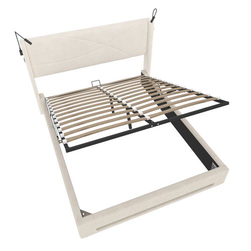 Lit Coffre Adulte 140x200 Cm Avec LED, Lampes De Lecture, USB, Sommier, Velours Beige