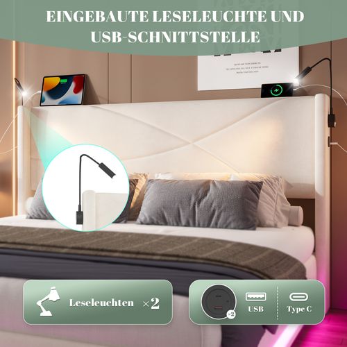Lit Coffre Adulte 140x200 Cm Avec LED, Lampes De Lecture, USB, Sommier, Velours Beige