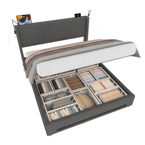 Lit Coffre Adulte 160x200 Cm Avec LED, Lampes De Lecture, USB, Sommier, Velours Gris