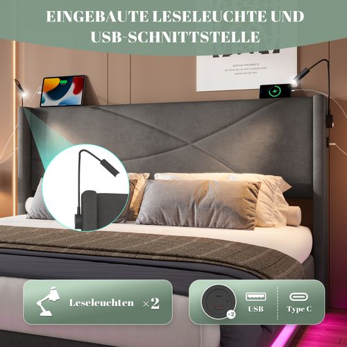 Lit Coffre Adulte 160x200 Cm Avec LED, Lampes De Lecture, USB, Sommier, Velours Gris