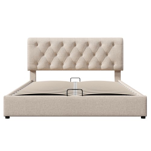 Lit Coffre Adulte 140x200 Cm Avec Rangement, Tête De Lit, Cadre En Métal Et Sommier, Lin, Naturel