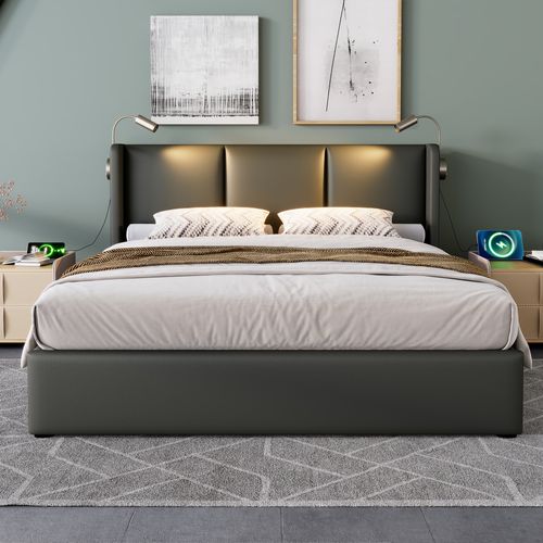 Lit Coffre Adulte 140x200 Cm, Lampe De Lecture Avec Fonction De Charge USB, Sommier, Pu Gris