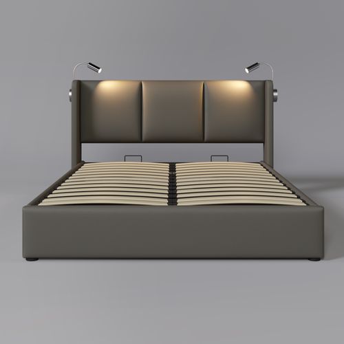 Lit Coffre Adulte 140x200 Cm, Lampe De Lecture Avec Fonction De Charge USB, Sommier, Pu Gris
