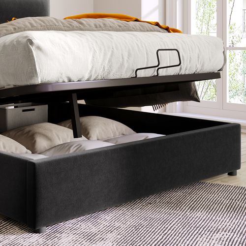 Lit Coffre Double 140x200 Cm, Sommier à Lattes En Métal, Tête De Lit Réglable, Velours Noir