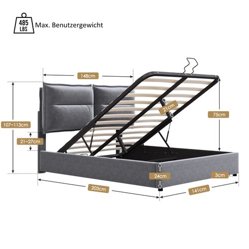 Lit Coffre Double 140x200 Cm, Sommier à Lattes En Métal, Tête De Lit Réglable, Velours Gris