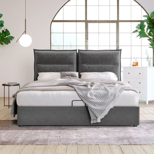 Lit Coffre Double 140x200 Cm, Sommier à Lattes En Métal, Tête De Lit Réglable, Velours Gris