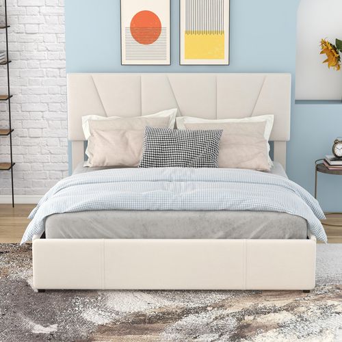 Lit Double 140 X 200 Cm, Tête De Lit Réglable, 4 Tiroirs, Rangement, Velours Beige