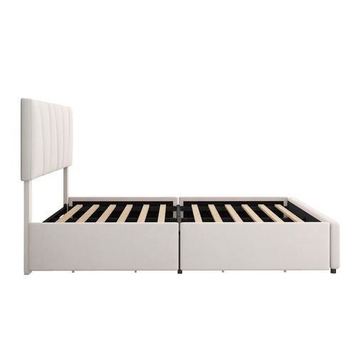 Lit Double 140 X 200 Cm, Tête De Lit Réglable, 4 Tiroirs, Rangement, Velours Beige