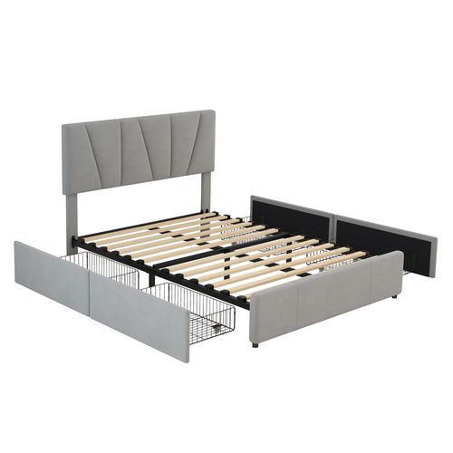 Lit Double 140 X 200 Cm, Tête De Lit Réglable, 4 Tiroirs, Rangement, Velours Gris