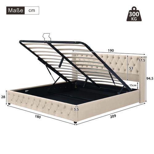 Lit Coffre Double 180 X 200 Cm, Design Européen, Rangée De Rivets, Velours Français, Beige