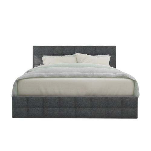 Lit Adulte 140*200cm, Lit Double, 4 Tiroirs, Sommier En Métal, Tête De Lit, Fer Et Lin, Gris, Noir