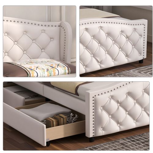 Lit Adulte 140*200cm, Lit Double, Design Chesterfield, Tiroir Sur Roulettes, Dossier Doux, Pu, Blanc