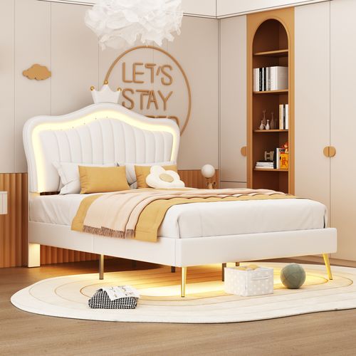 Lit 90x200cm, Lit Simple, Lit Enfant, Tête De Lit, Cadre De Lit, Sommier, LED, Simili-cuir, Blanc