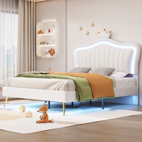 Lit 140x200cm, Lit Double, Tête De Lit, Cadre De Lit, Sommier, LED, Simili-cuir, Blanc