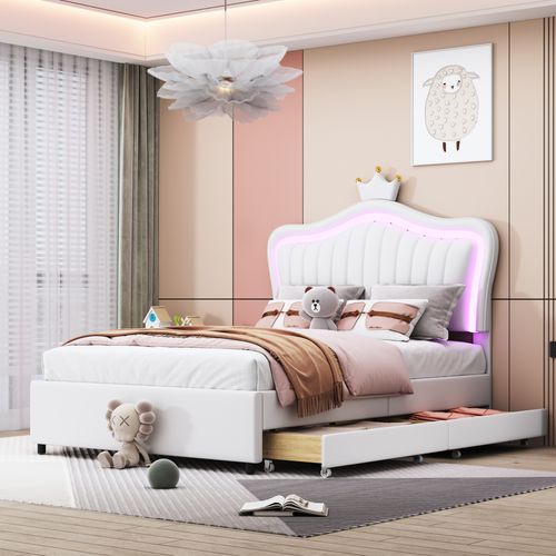 Lit 90x200cm, Lit 1 Places, Tête De Lit, 2 Tiroirs, Sommier, Moderne, LED, Pu, Blanc