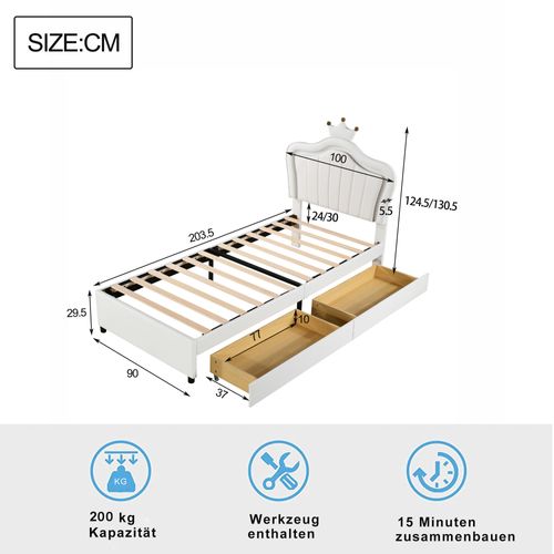 Lit 90x200cm, Lit 1 Places, Tête De Lit, 2 Tiroirs, Sommier, Moderne, LED, Pu, Blanc