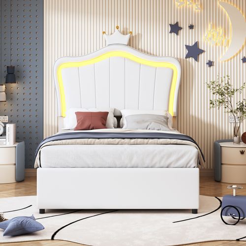 Lit 90x200cm, Lit Enfant, Lit Simple, Sommier, Tête De Lit, Lit Coffre, LED, Simili-cuir, Blanc