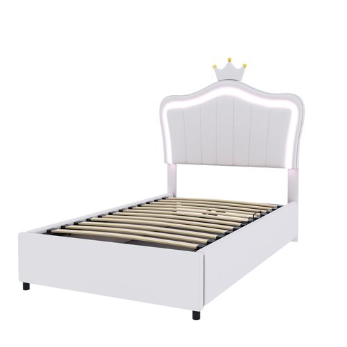 Lit 90x200cm, Lit Enfant, Lit Simple, Sommier, Tête De Lit, Lit Coffre, LED, Simili-cuir, Blanc