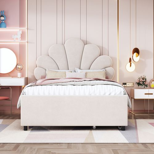 Lit 90x200cm, Lit Enfant, Lit 1 Places, 2 Tiroirs, Tête De Lit, Sommier, Velours, Beige