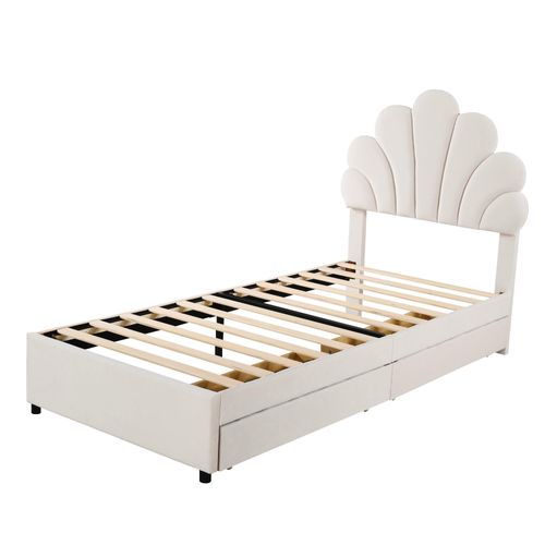 Lit 90x200cm, Lit Enfant, Lit 1 Places, 2 Tiroirs, Tête De Lit, Sommier, Velours, Beige