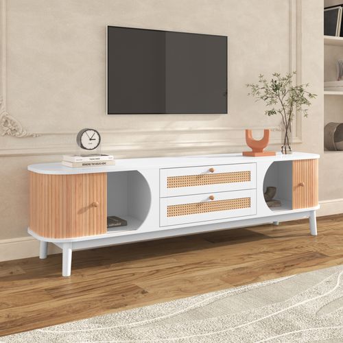 Meuble TV 170x39,5x46cm, 2 Tiroirs En Rotin, 2 Portes, Pieds En Bois, Mdf, Couleur Bois Et Blanc